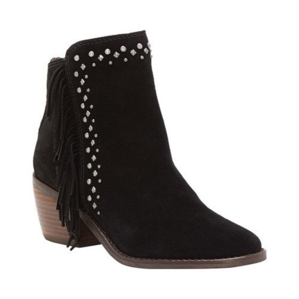 LUCKY Brand Kaarina Studded Fringe Black Bootie EUC sz 8.5